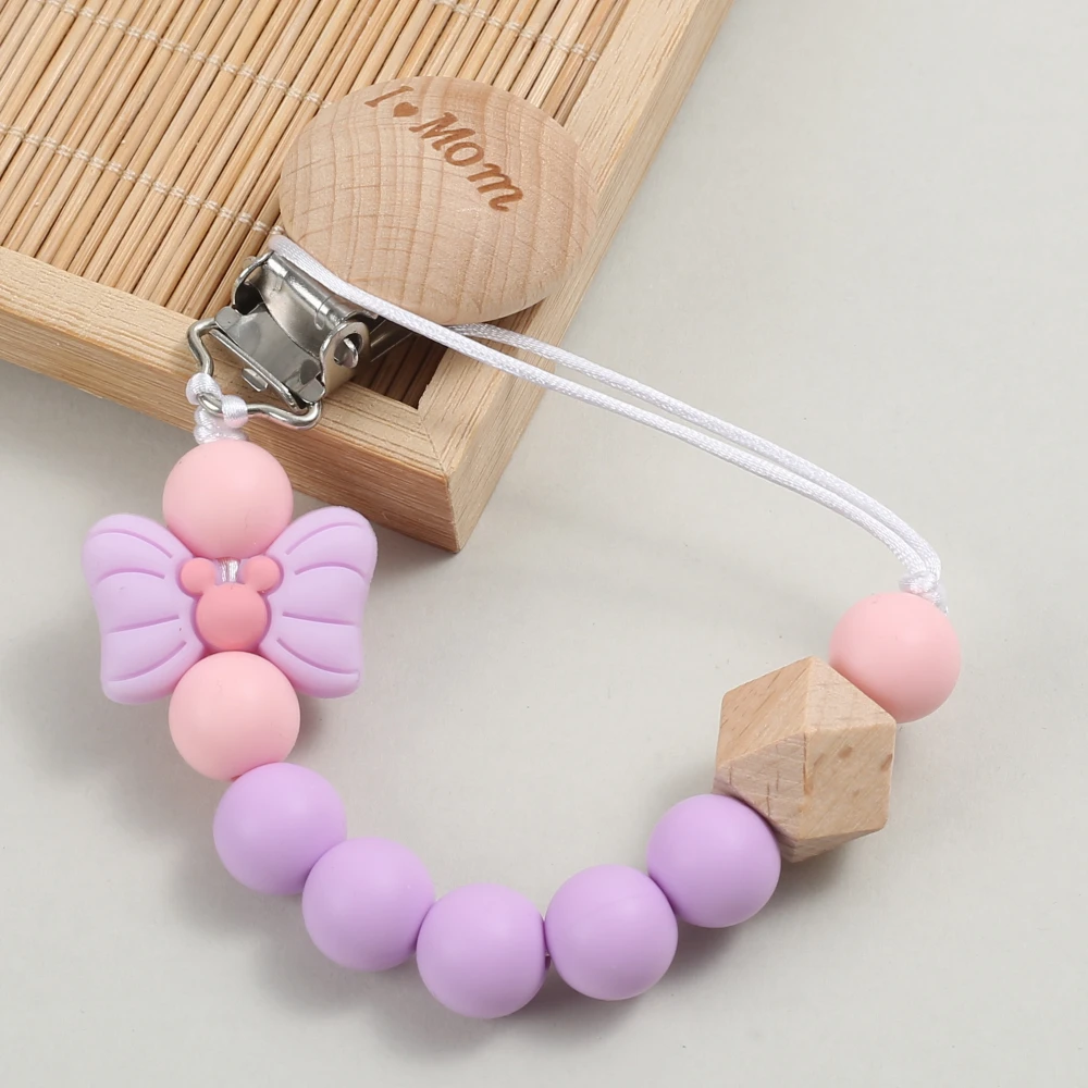 Beech Wood Round Pacifier Holder Clip Cartoon Bow Silicone Beads Teething Chain For Baby Soother Pacifier Chain Nursing Chew Toy