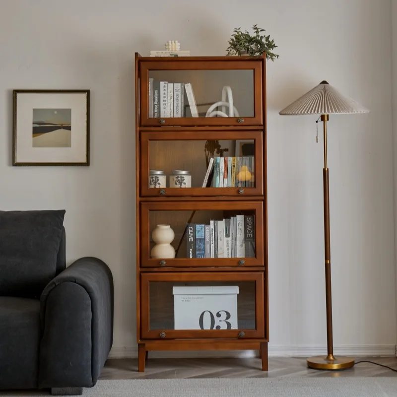 Estante infantil de madeira maciça, armário integrado contra a parede, estante com porta de vidro multicamadas, apartamento pequeno, sala de estar