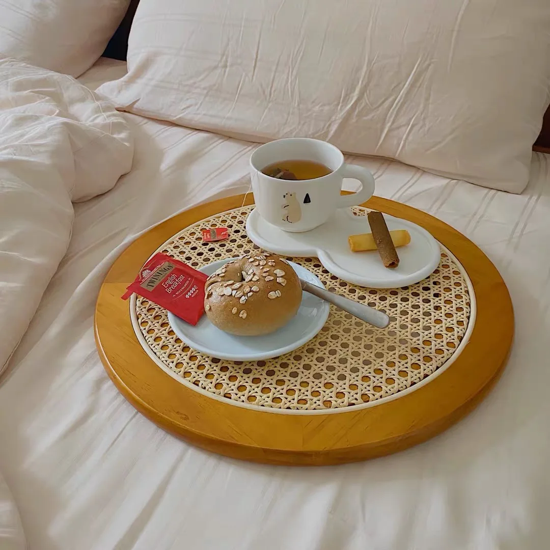 

Simple ins style rattan tray solid wood dinner plate designer retro photo prop round storage plate ornament