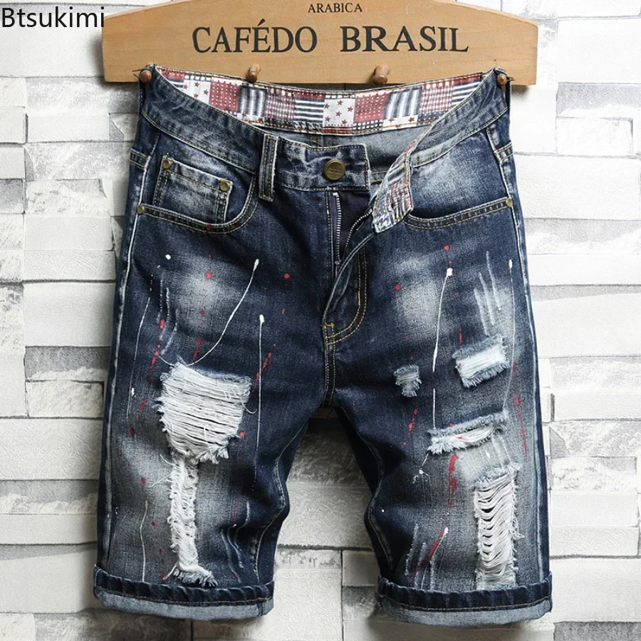 2025 pantalones vaqueros cortos rasgados Vintage de verano para hombre, ropa de calle con diseño de agujeros, pantalones cortos vaqueros ajustados, ropa de marca para hombre, pantalones cortos de moda 28-40