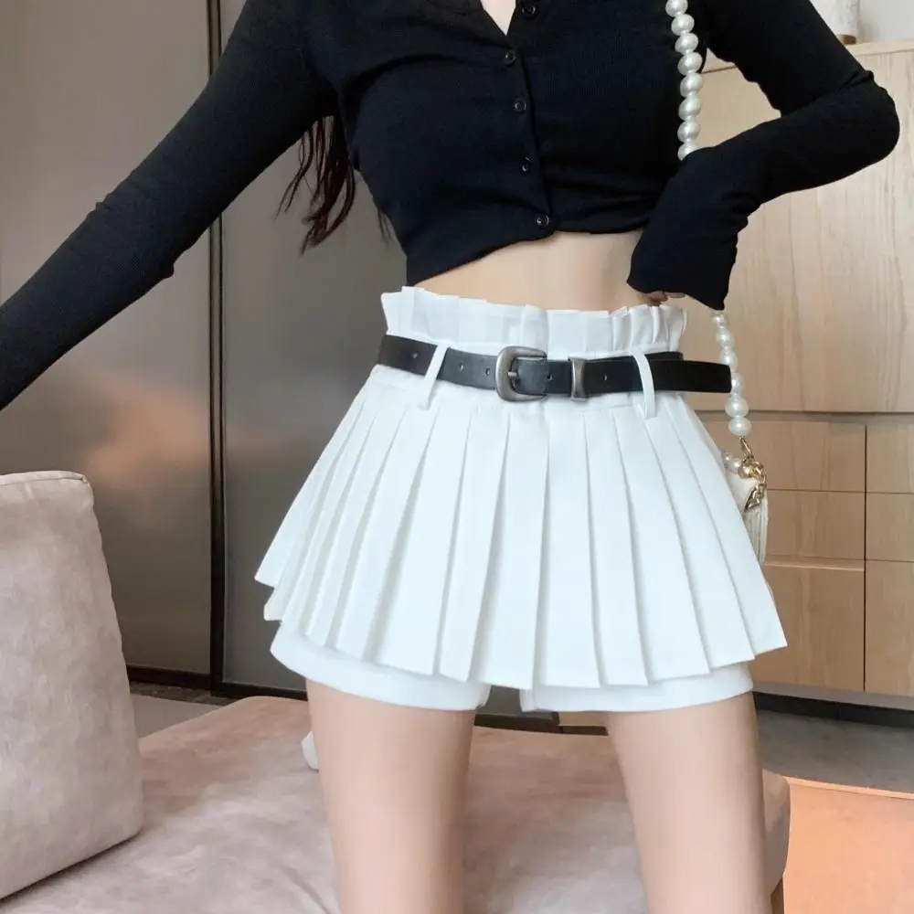 

Simple Y2K A-Line Mini Skirts Preppy Style Sweet Pleated Skirt With Belt High Waist Ruffled Skirts with Safty Pants Students