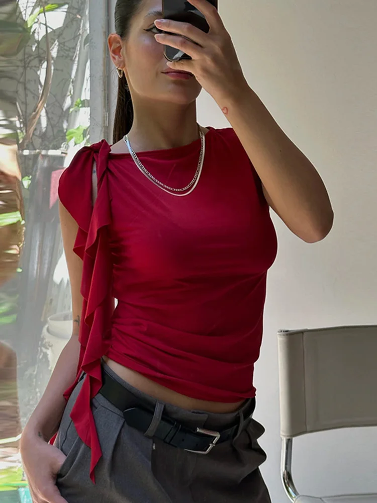 Summer Women's Sleeveless Vest Solid Color Tassel Detail round Neck Pullover Slim Fit Casual Y2K Street Wear T-Shirt