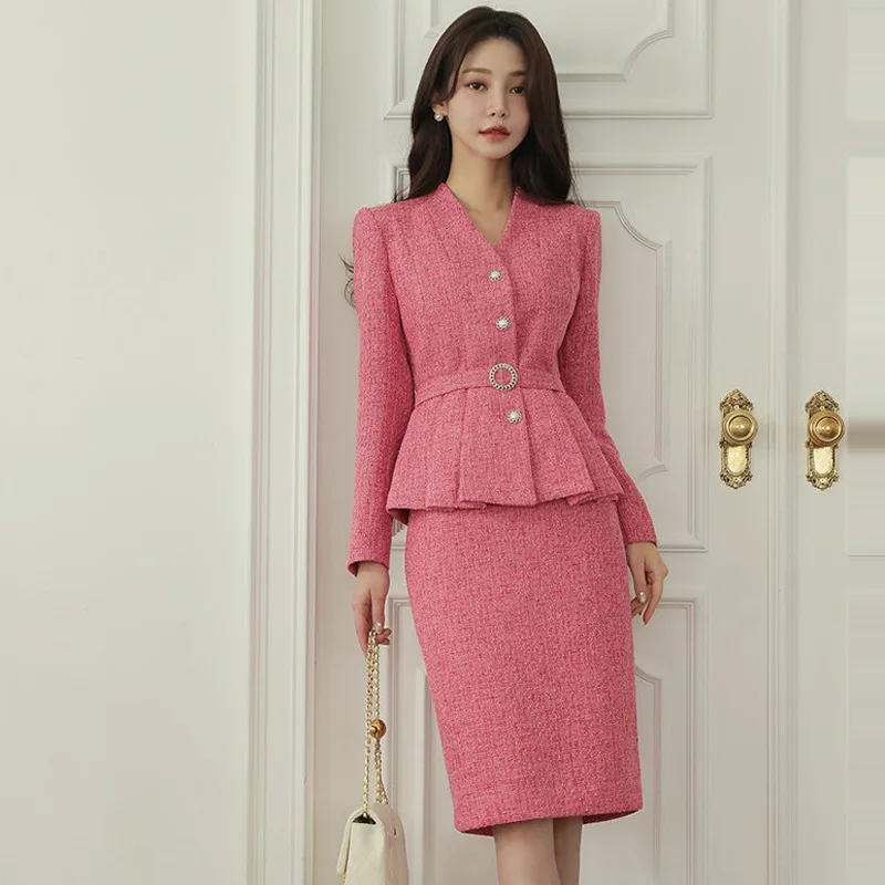 2024 Autumn Winner Professional Wear 2-Piece Sets V-Neck Jacket Top +Fashion Sheath Pencil Skirt Casual Women Suits Skirts