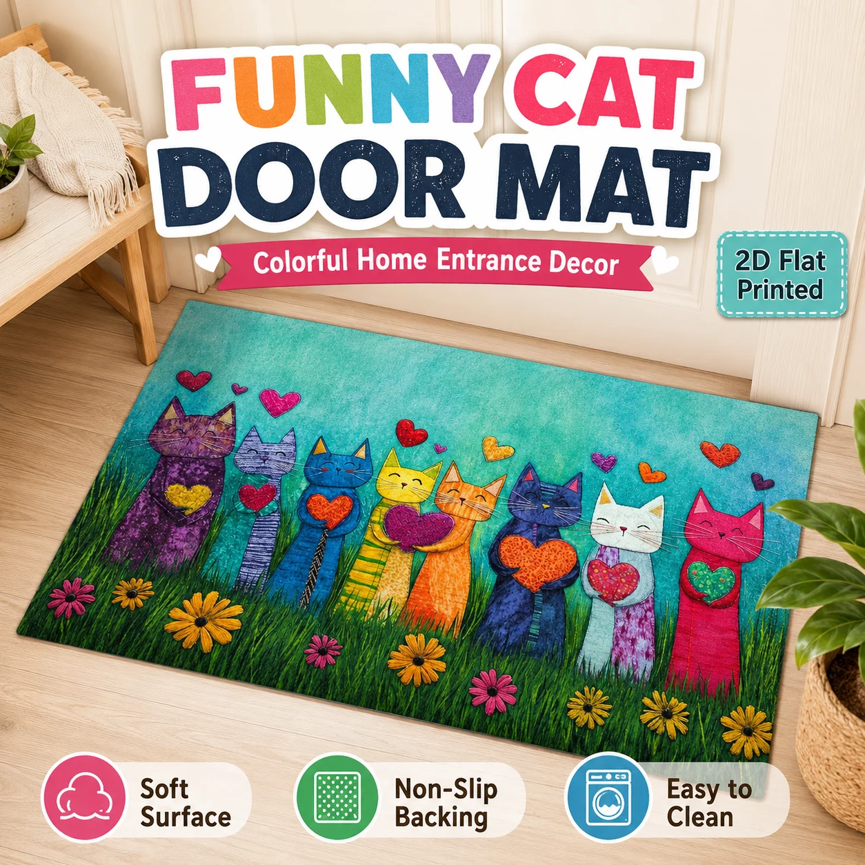 

Colorful Cats Holding Hearts 2D Flat Printed Felt Floor Mat Funny Pet Entrance Rug Non Slip Indoor Room Home Decor