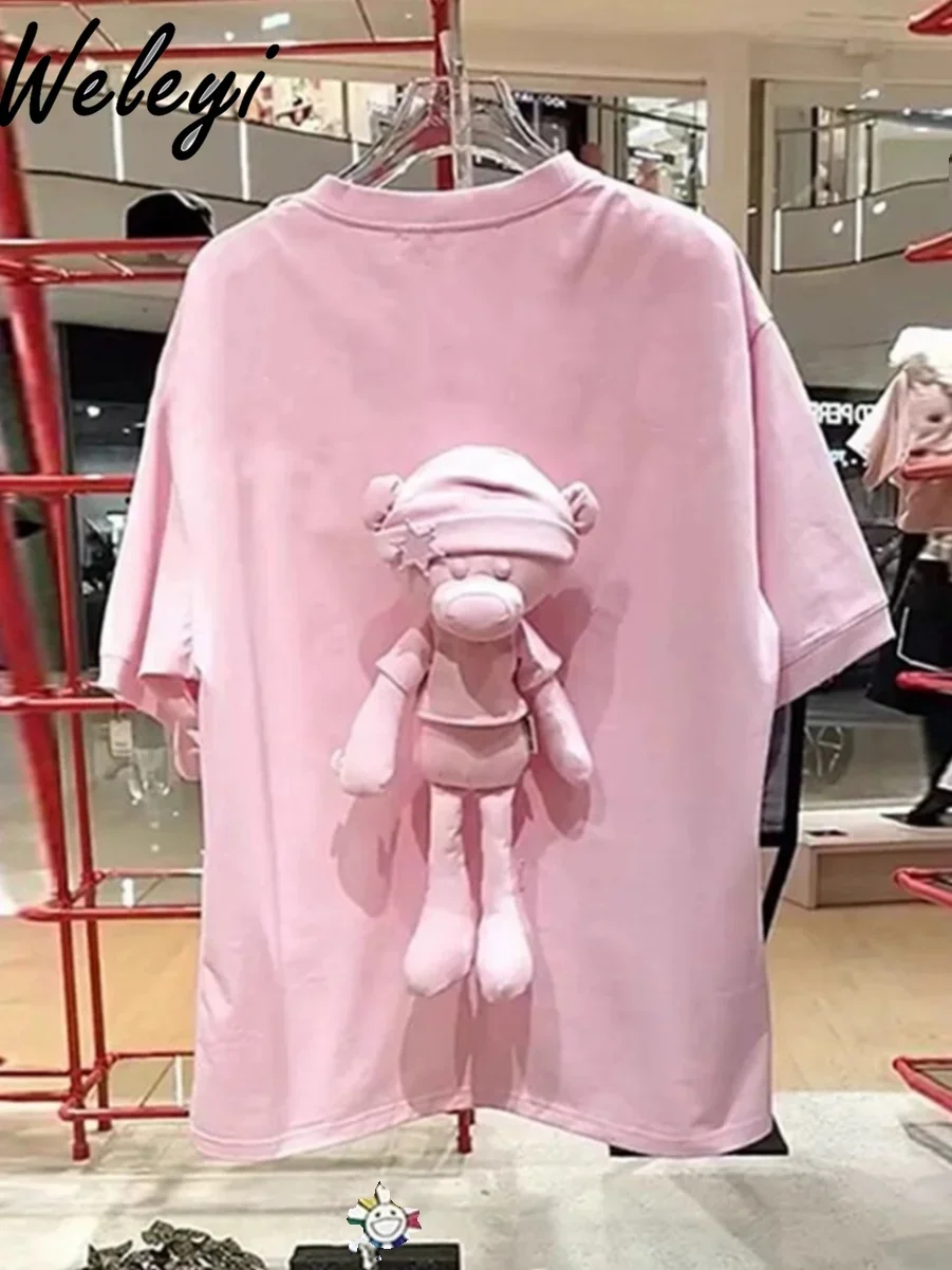 Loose Woman\'s Three-Dimensional Doll Bear Pink T-shirt 2024 Summer New Oversize Half Sleeve T-shirts for Women Mid-Length Top