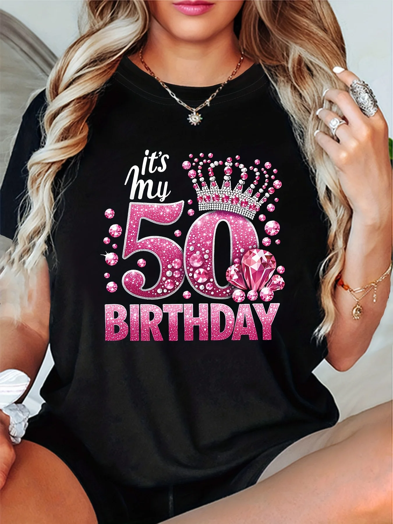 Women Loose Fit Cotton T-shirt 50 Years Old Birthday Queen Crown Letter Graphic Print Party Trend Daily Short Sleeve Tee