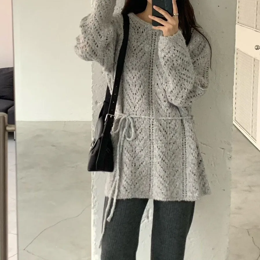 

Women's Sweater Dongda Gate Retro Sweet Hollow Lazy Sle Loose Belted Mid-Length Knitted Top Commute Sle Long Sve round...