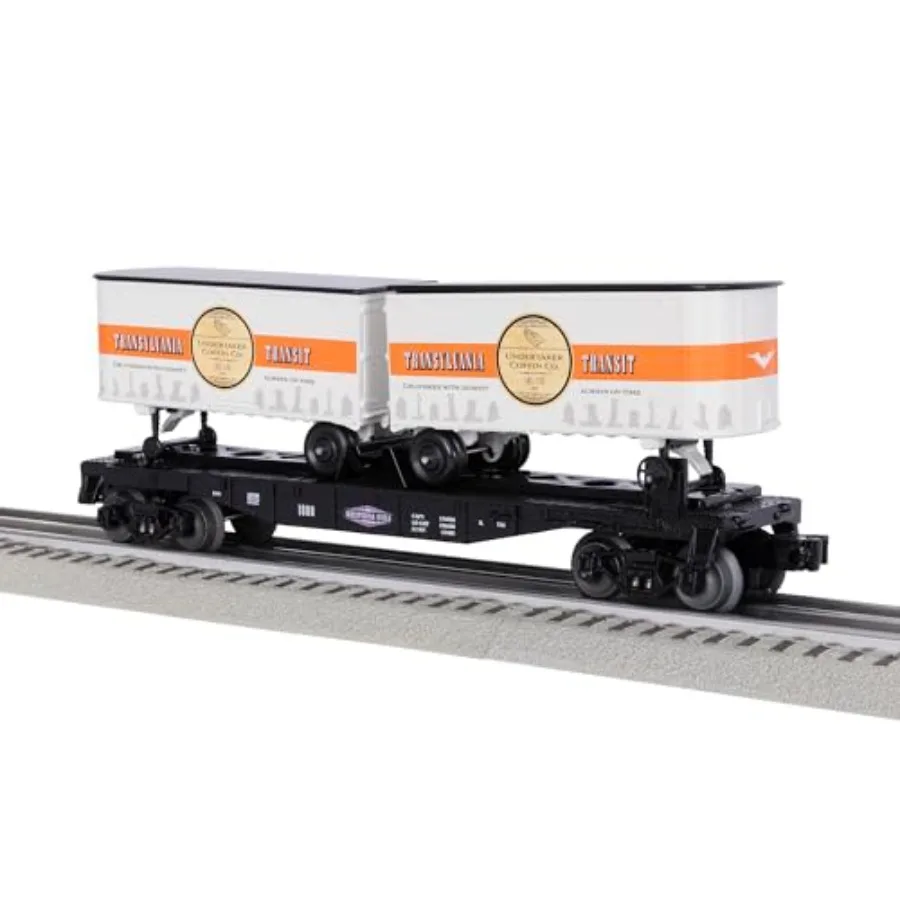 

O Gauge model train flatcar for rail transport simulation, metal and plastic construction, gray and blue, includes two detachab