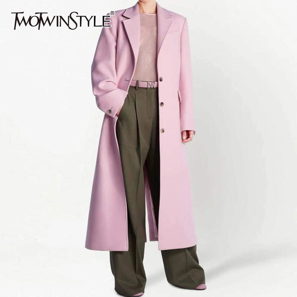 TWOTWINSTYLE Solid Patchwork Pocket Long Blazer For Women Notched Collar Long Sleeve Spliced Button Loose Coats Female Fashion