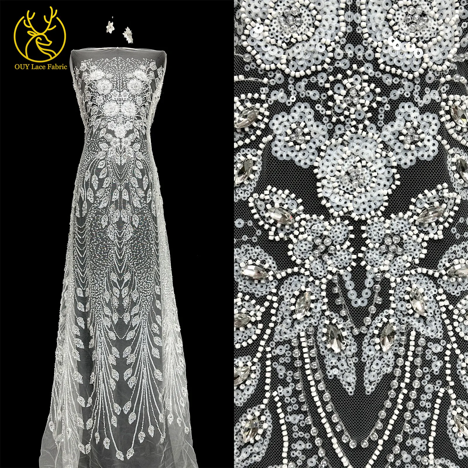 Nigerianisches weißes Hochzeitskleid Tüll-Mesh-Spitzenstoff Hochwertiger französischer Stein-Spitzenstoff Afrikanischer Perlen-Pailletten-Spitzenstoff – Detail 9
