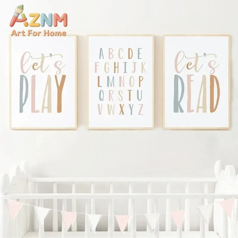 (2D canvas painting)  Play Room Alphabet Poster and Print Nordic Let’s Play Let’s Read Canvas Painting Wall Art Picture for B
