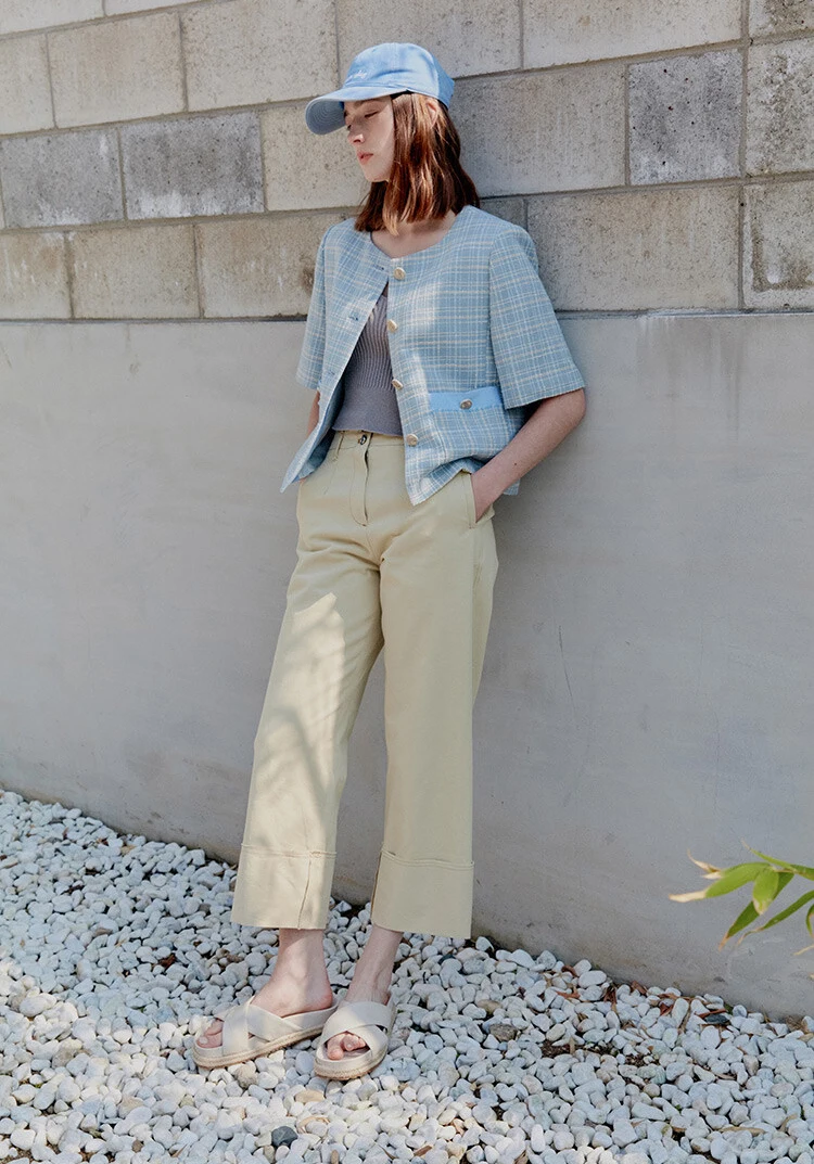 퓨어 코튼 하이 웨이스트 스트레이트 레그 와이드 레그 팬츠 다목적 턴업 캐주얼 바지 한국 스타일 통근 바람 여름 202