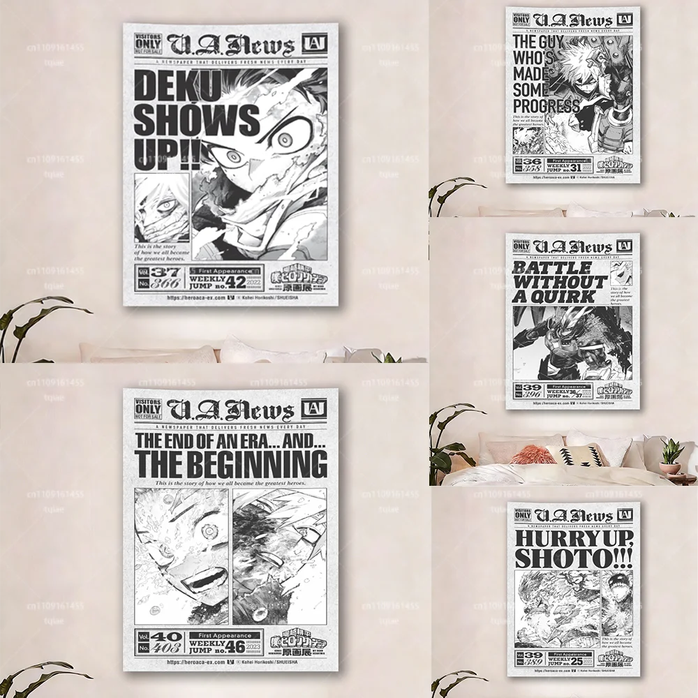 M-My H-Hero Academia Wandteppich im Zeitungsstil, Action-Anime-Wandbehang aus Polyester mit kostenlosem Montageset für Schlafzimmer und Wohnzimmer