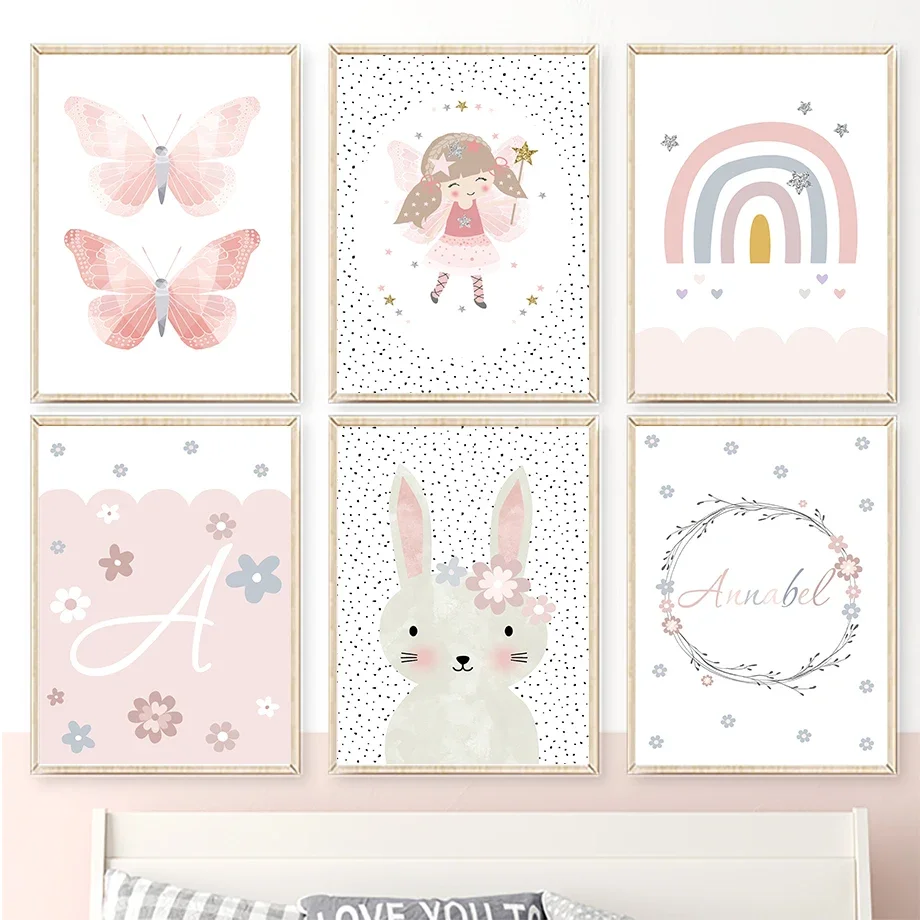 Canvas PaintingCuadro Sobre Lienzo Para Pared De Niña, Conejo, Flor, Mariposa, Arcoíris,  E Impresiones Para Guardería, Imáge