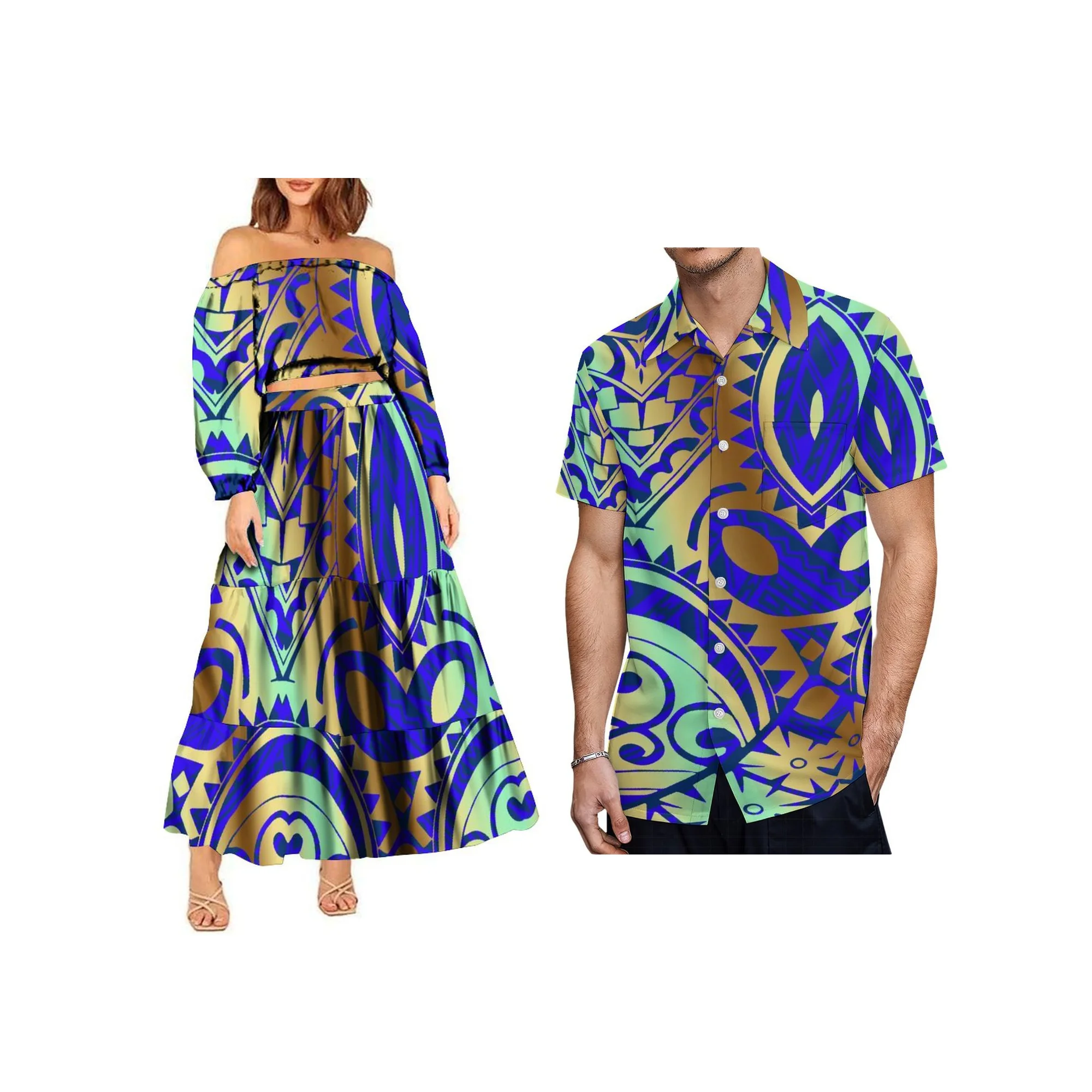 Nova chegada tapa polinésia tribal senhoras manga longa meio ombro colheita topo e saias longas em camadas conjunto de duas peças vestido meninas