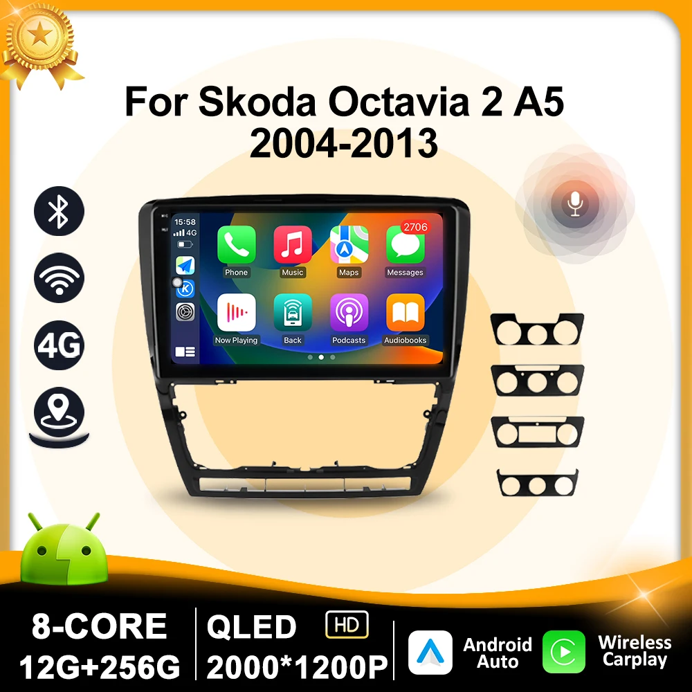 

10" QLED Screen For Skoda Octavia 2 A5 2004 - 2013 Wireless Carplay Car Radio Multimedia Video Player BT GPS Navigation CarPlay