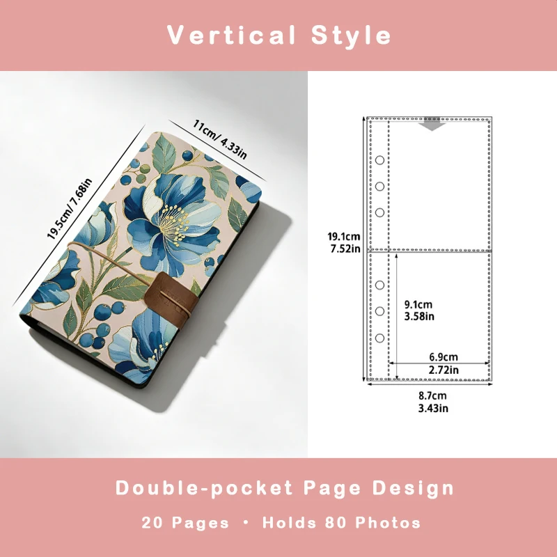 Elegant Gold Outline Blue Flower & Blue Berry Botanical Print Instant Photo Album Delicate Gift for Women & Floral Art Lovers