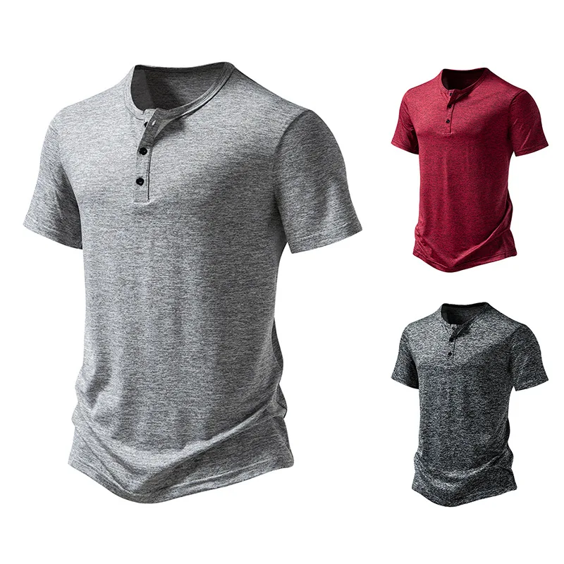 2024 Summer New European Size Men's Fashion Trend Cationic Sports Henry Neck Short Sleeve T-shirt for Men