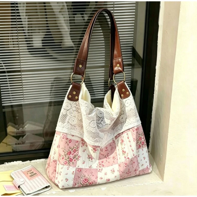 Böhmische Umhängetasche, Mori Girl Fairycore Damen Ditsy Floral Patchwork Handtasche mit Spitzenbesatz, Vintage Reise-Pendler-Einkaufstasche – Detail 23