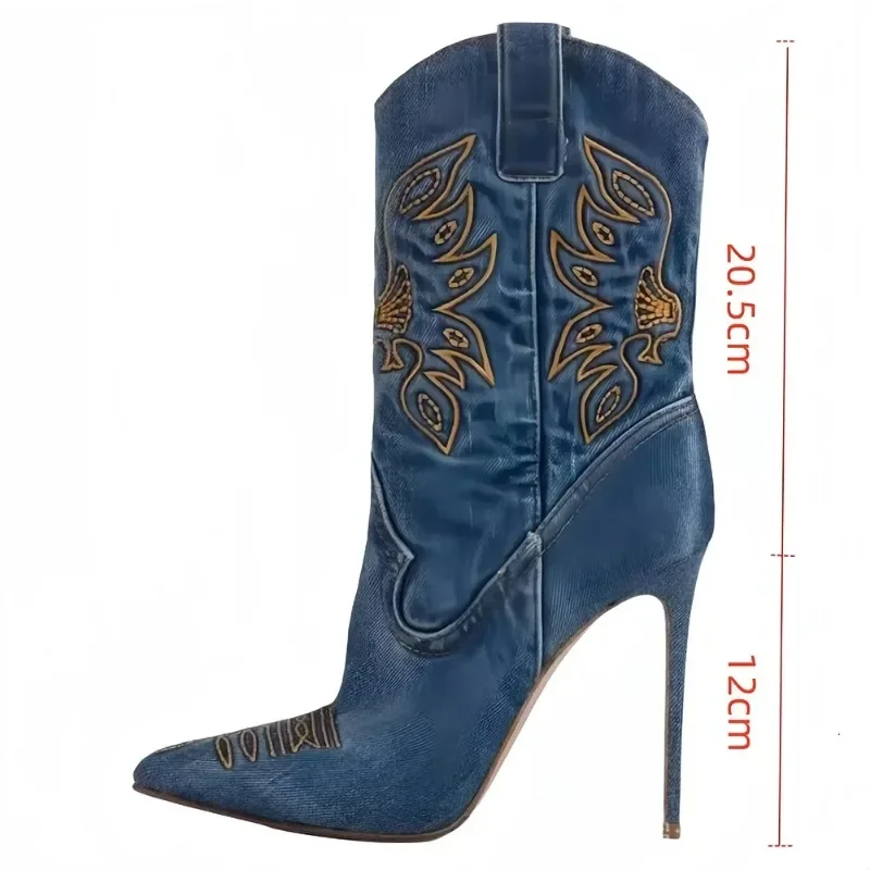 Western European and American Denim Slim Fit High Heels, Women's Sexy Embroidered Knights Pointed Short Boots, Runway Shoes