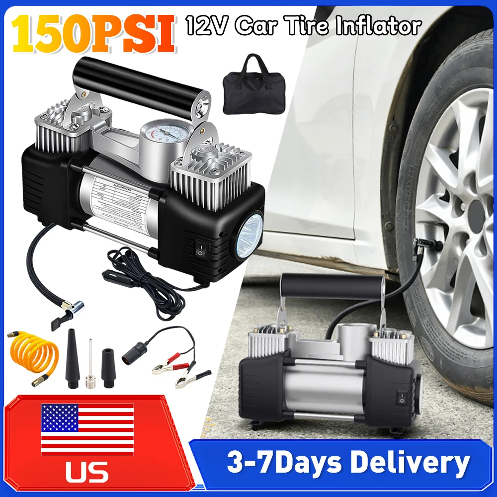 

12V Heavy Duty Dual Cylinder Air Compressor 150PSI Tire Inflator Electric Car Tyre Inflator Automotive Vehicle Inflation Pump ﻿