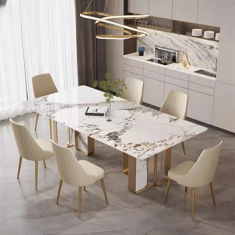 

Luxury Rock Slab Dining Table 6 Chairs Set Metal Titanium Glaze Gold Frame Faux Marble Table Kitchen Furniture