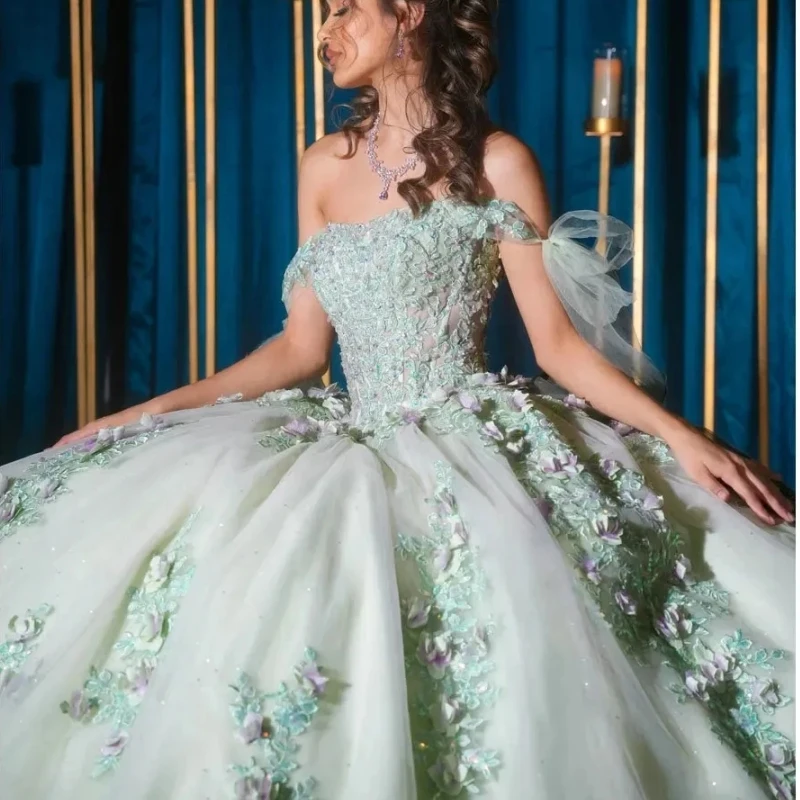 Princess Off The Shoulder Quincenara Dresses Ball Gown Illusion 3D Flowers Appliques Lace Sweet 15 Vestidos De XV Años