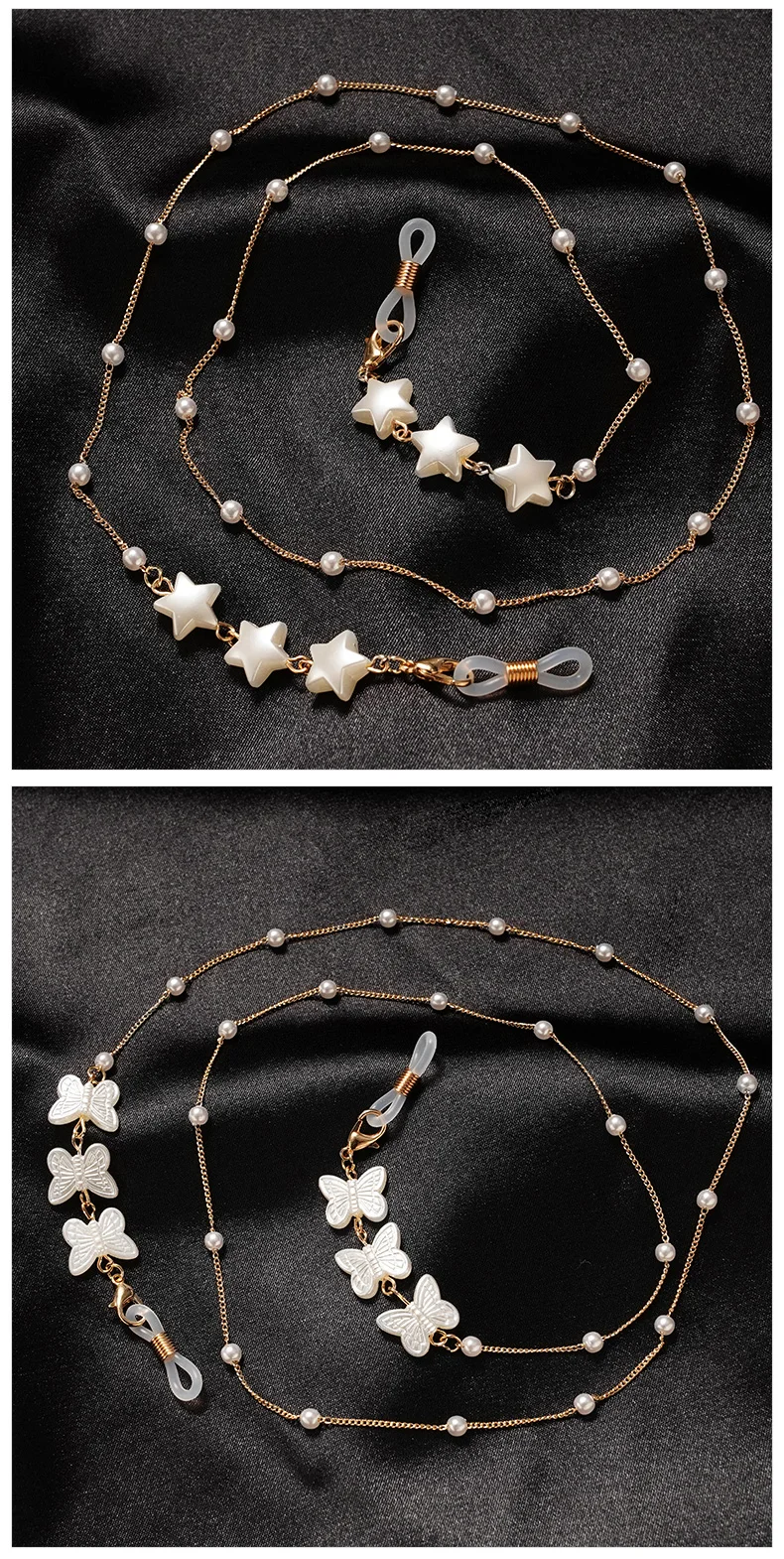Star Love Brillenkette in Schmetterlingsform, Perlenhalskette, Maskenband, Sonnenbrillen-Maskenkette für Damen, Acryl-Perlen-Kristall-Brillenkette – Detail 7
