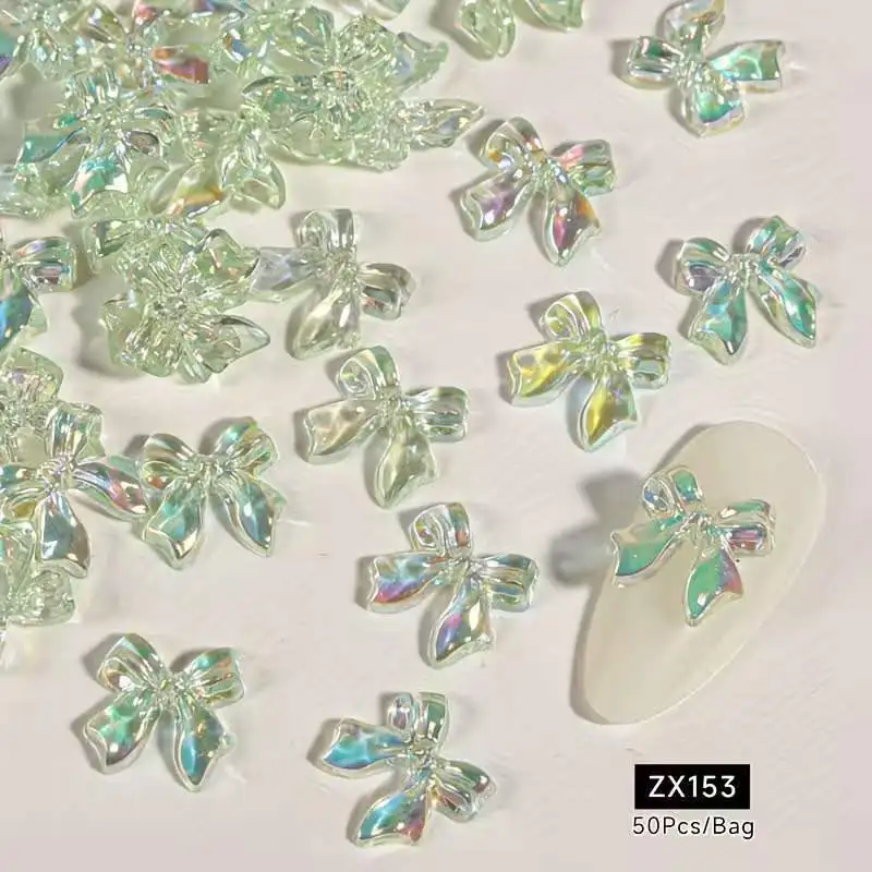 50Pcs Aurora 3D Bow Nail Charms Colorful Transparent Resin Bowknot Nail Art Decorations DIY Manicure Accessories