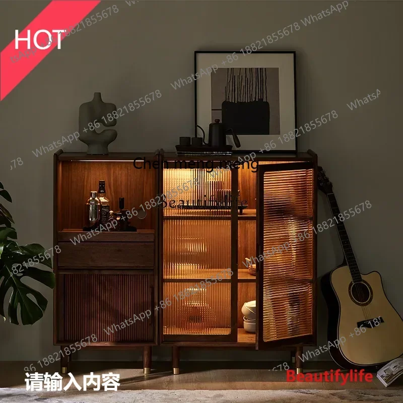 

New style New Modern simple solid wood wine cabinet glass door with lamp living room against the wall double door display cabine