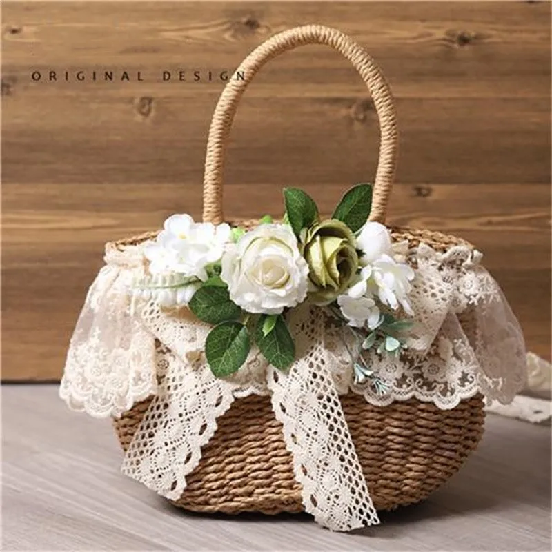 Sweet Cute Women Lolita Handbag Woven Straw Handmade Lace Flower Lady Soft Girl Pastoral Style Beach Bag Lolita Accessories