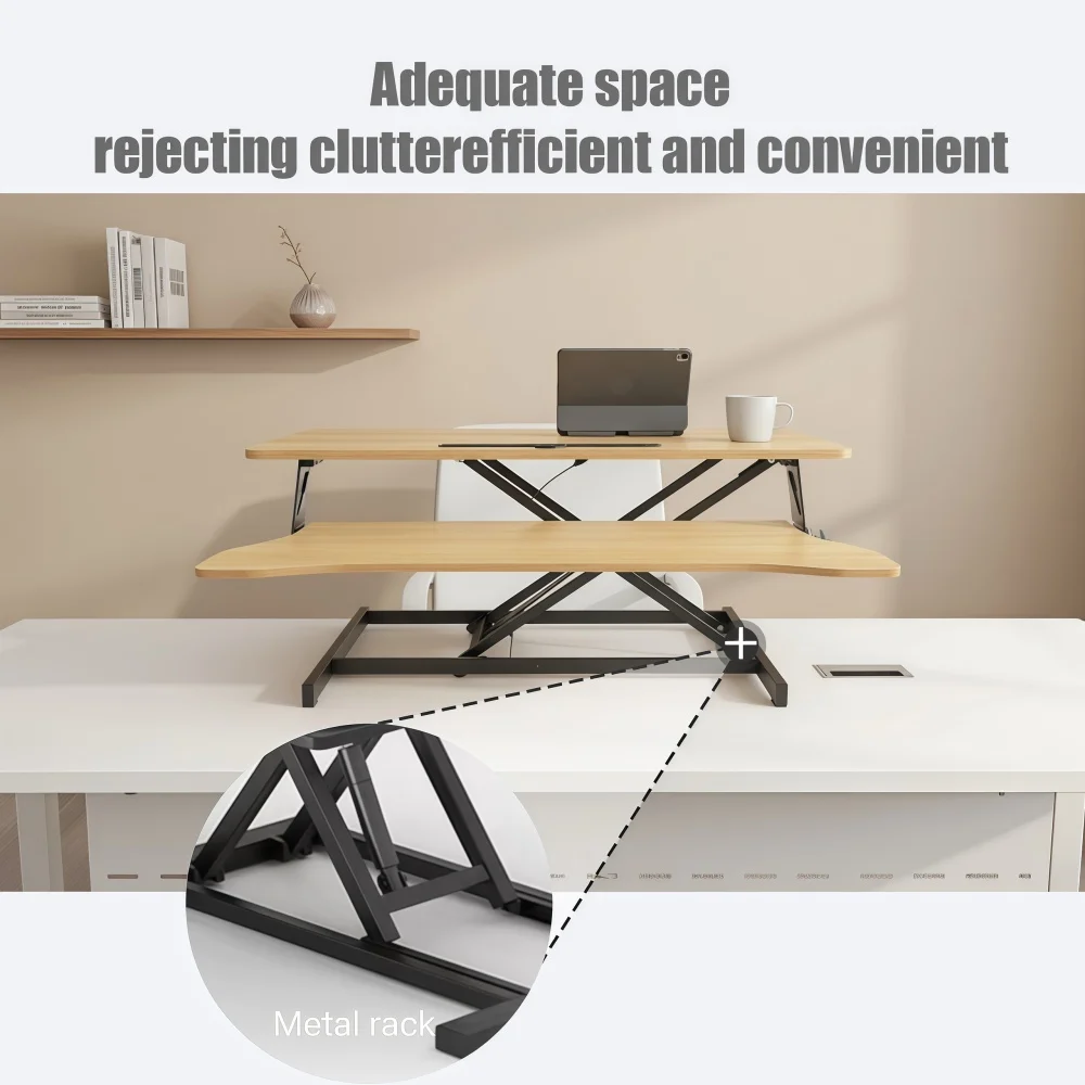32 Inch Adjustable Sit-Stand Desk Converter: Dual Monitor/Laptop, Wide Keyboard Tray, Natural Color