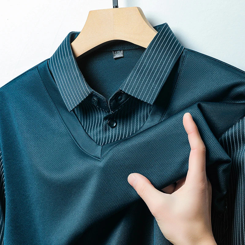 Frühlings- und Herbst-T-Shirt für Herren mittleren Alters, zweiteilig, aus reiner Baumwolle, langärmlig, mit großem Kragen und lockerem Poloshirt-Design. – Detail 5
