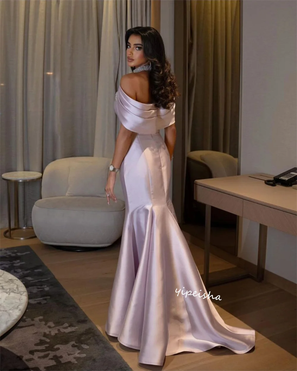  Evening Prom  Satin Beading Homecoming Mermaid High Collar Bespoke Occasion Gown Long es Saudi Arabia  