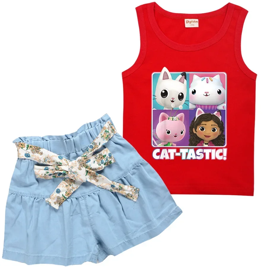 

GABBY Doolhouse T Shirt Kids 2024 Summer Vacation Clothes Baby Girls Gabbys Chat Tshirt +skirt 2pcs Sets Children Casual Outfits