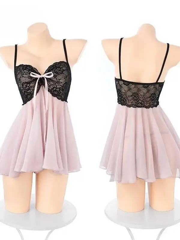 Seksowna, koronkowa sukienka na ramiączkach \"Czysta Pożądanie\", elegancka, seksowna, uwodzicielska piżama w stylu mundurka, prześwitująca, modna, słodka mini sukienka 5SVQ