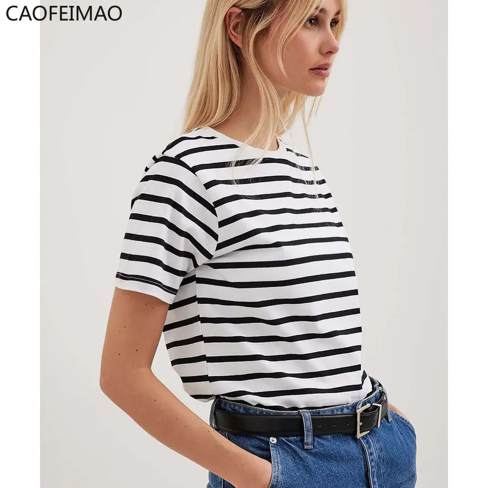 

рубашк Summer Short Sleeve Striped T-Shirts Women Knitted Basic Casual Tops Female Cozy Loose Cotton Tee 2025 Harajuku Shirt