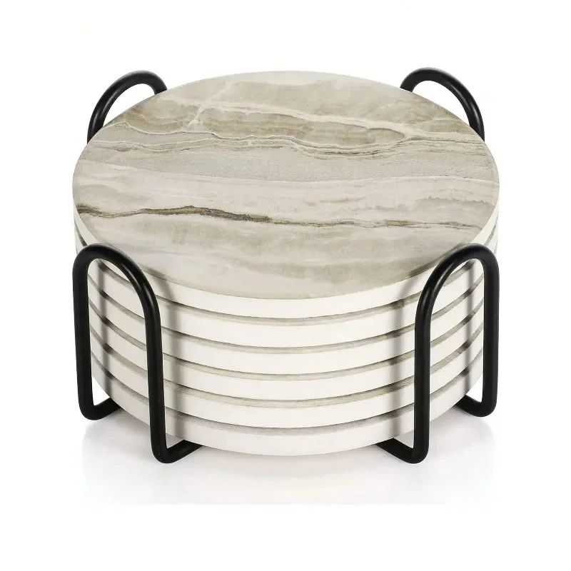 6-Piece Set Ceramic Drink Coasters with Stand Water Absorbent Marble Patterned Coaster for Glasses and Drinks Dropshipping