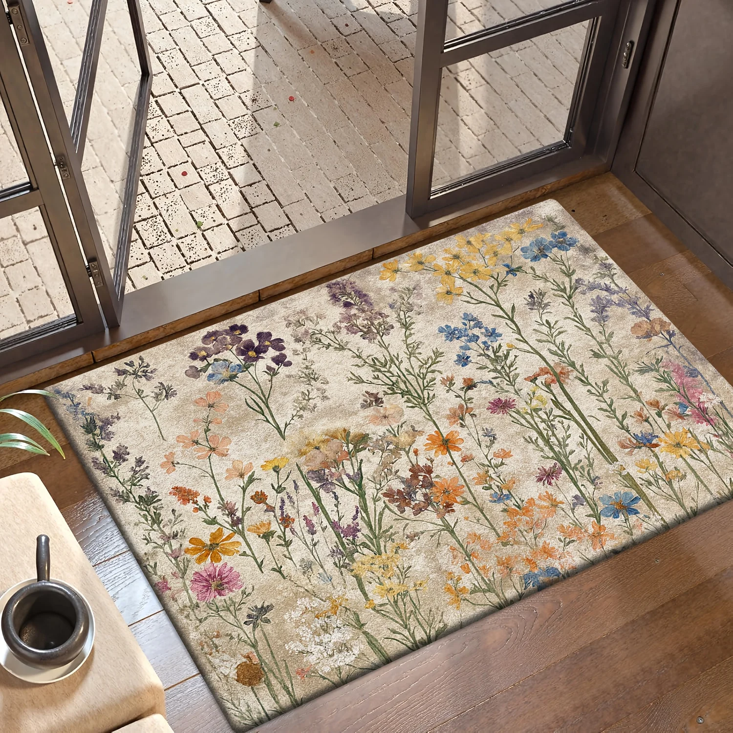 Vintage Floral Botanical Print Runner Rug Polyester Mat for Home Decor Entryway Living Room Meadow Cottage Style Carpet