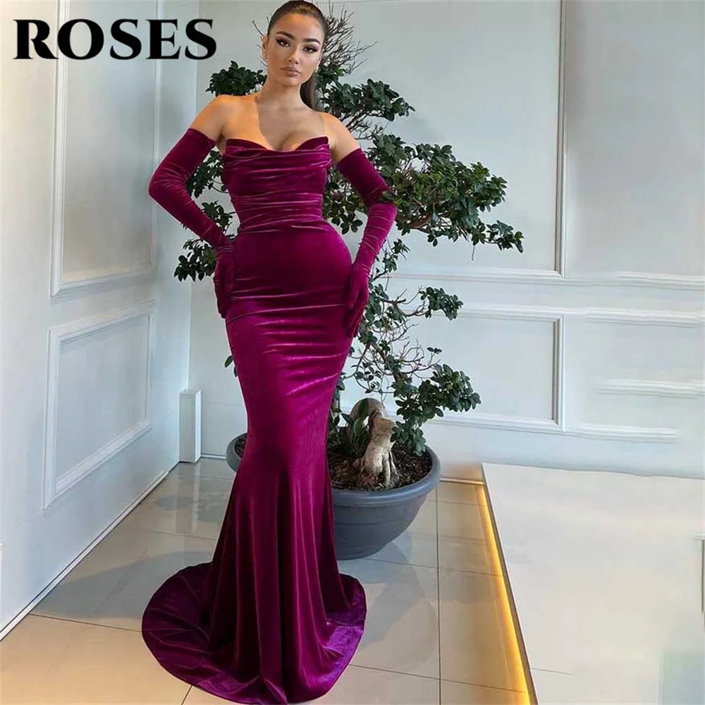 

ROSES Purple Evening Dress Off The Shoulder Sweetheart Party Dresses with Pleat Satin Vestido De Novia Sexy Trumpet Prom Dress