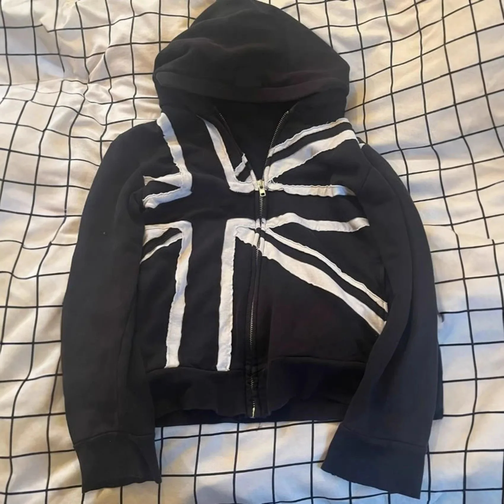 Y2K Cropped Zip Up Hoodie British Flag Raw Edge Patchwork Hooded Jacket Streetwear Gothic Grunge Loose Short Sweatshirt Coat