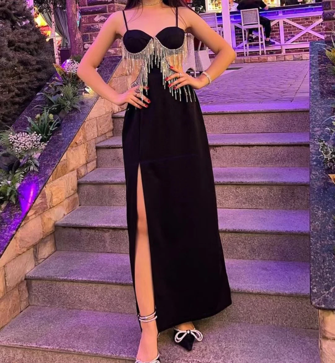 AsaNagi Black Sexy Cut-Out Tassel Evening Dresses Spaghetti Strap Sweetheart High Side Slit 2023 Women Summer Dress Vestido