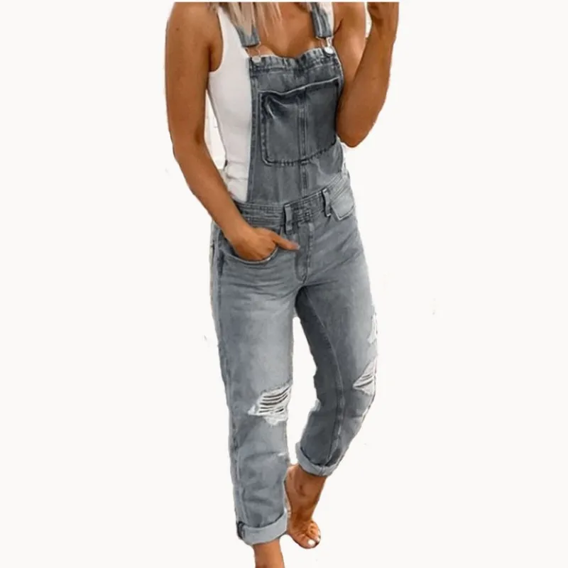 Venda quente suspensórios denim macacão para mulheres moda jeans rasgados macacão casual roupas femininas S-3XL transporte da gota