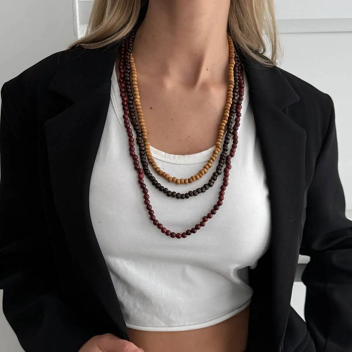 Trendy Bohemia Multi-layer Wooden Beads Choker Necklace Women Handmade Mixed Color Beaded Exaggerated Hip Hop Neck Jewelry