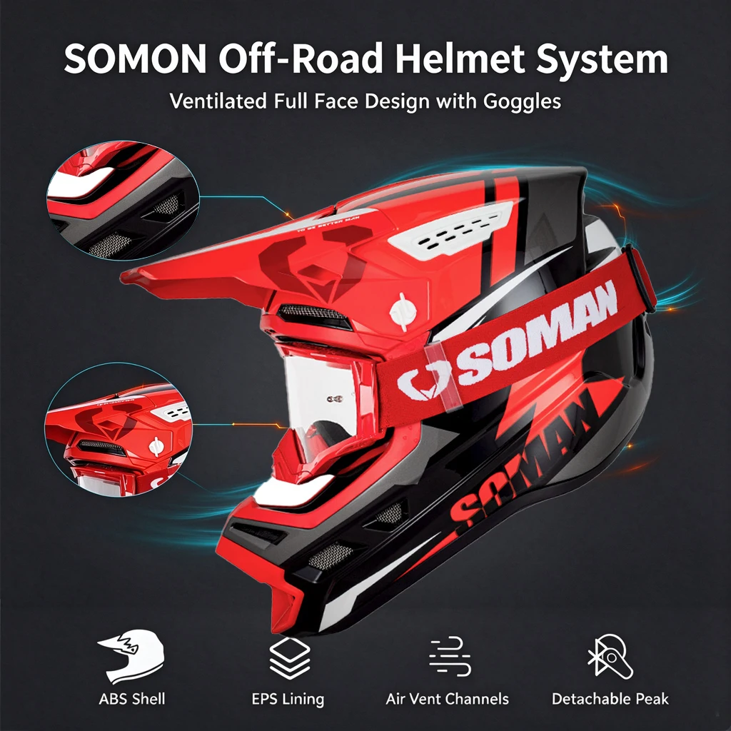SOMAN Professional Racing Motocross Helmet Off Road Helmet Motocross Helmet with Goggles Full Face Offroad Helmet ATV Motorcycle