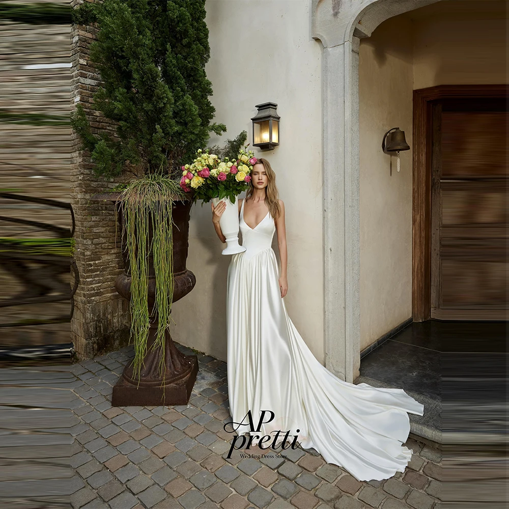 AP Pretti Classic Soft Satin Bridal Gown V-Neck Customized Spaghetti Strap Court Train 2027 A-line Wedding Dresses For Women