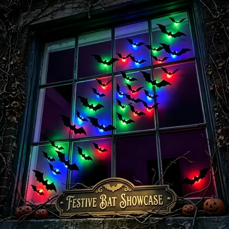 Halloween 3D LED Bat Wall Sticker Black‑bat Glowing Decal DIY Spooky Window Wall Ornament For Halloween Party Haunted House