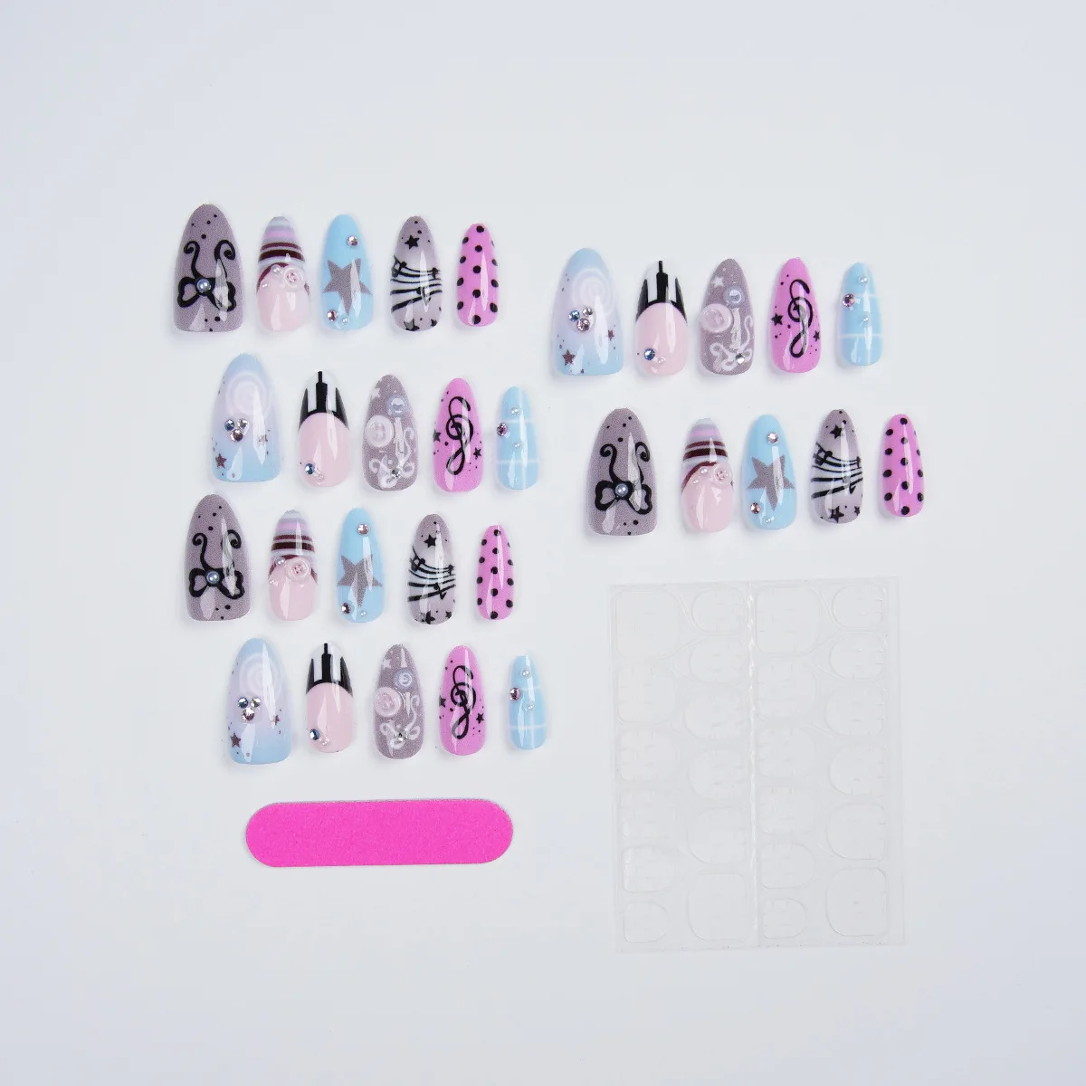 24pcs Y2K Cute Music Piano Note Press On Nails 3D Button Bow Star Rhinestone Polka Dot False Nail Almond Fake Nail for Women