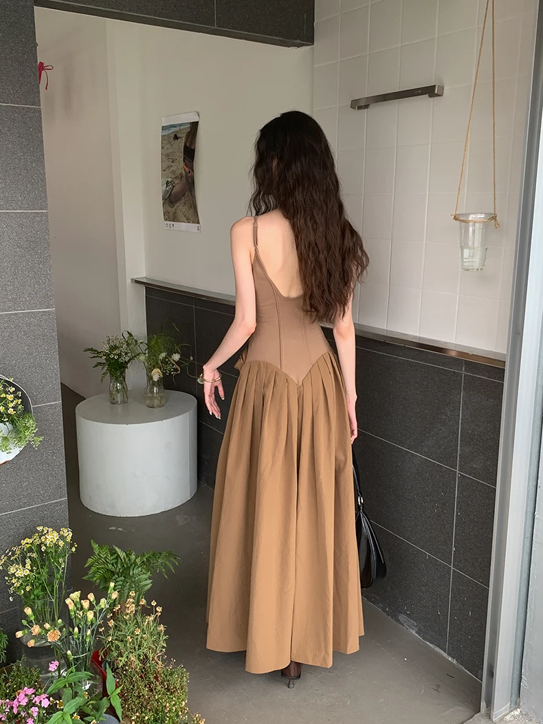 CHEERART Brown Embroidered Vintage Maxi Dress For Women Backless Long Tunics Dress Party Evening Elegant Luxury Celebrity