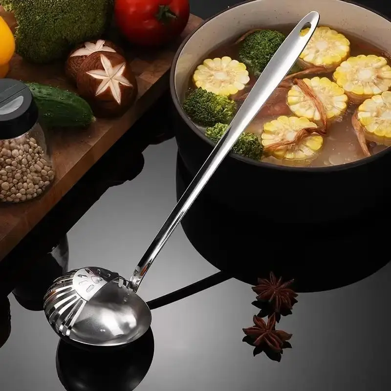 2026 Kitchen Tableware Dual-use Soup Spoon Long Handle Stainless Steel Soup Ladle With Removable Filter Colander Utensils Scoop